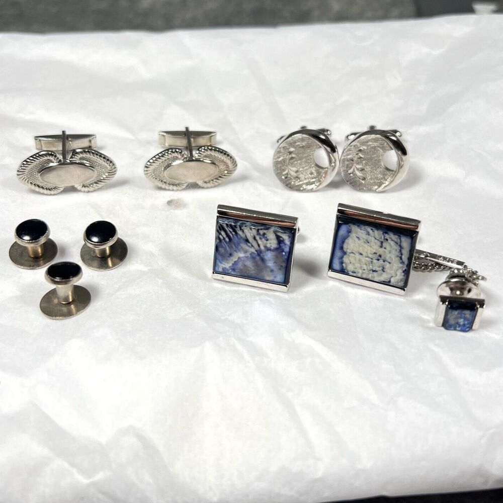 Vtg lot 70s Retro Silver Tone cufflinks and shirt studs